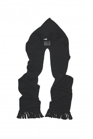 #0028 HOODIE FRINGE SCARF KNIT -SHETLAND WOOL LINEN- BLACK