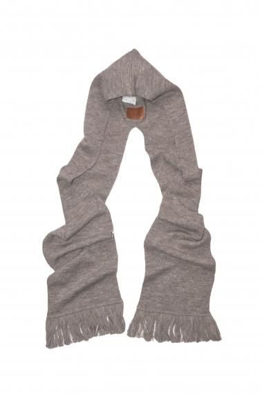 #0028 HOODIE FRINGE SCARF KNIT -SHETLAND WOOL LINEN- SAND