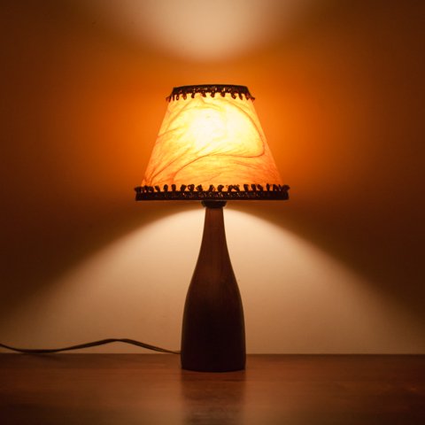 DENMARK SOLID TEAK BASE TABLE LAMP W/VINTAGE SHADE