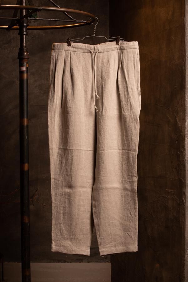 FRANK LEDER】FABRIC WASHED LINEN DRAWSTRING 2TUCK TROUSERS