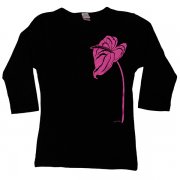 ブラック（黒） TUTUVI　七分袖Tシャツ　ワンサイズ上がおすすめ小さめレディースサイズ（柄：アンスリウム　色：ブラック・ピンク）