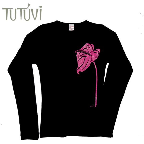 TUTUVI　長袖Tシャツ　ワンサイズ上がおすすめ小さめレディースサイズ（柄：アンスリウム　色：ブラック・ピンク）【画像3】