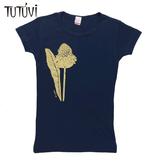 TUTUVI　Tシャツ 半袖　ワンサイズ上がおすすめ小さめレディースサイズ（柄：トーチジンジャー　色：ネイビー）【画像1】