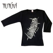 フラダンス用品 色で選びたい TUTUVI　七分袖Tシャツ　ワンサイズ上がおすすめ小さめレディースサイズ（柄：ハクレイ　色：ブラック・シルバー）