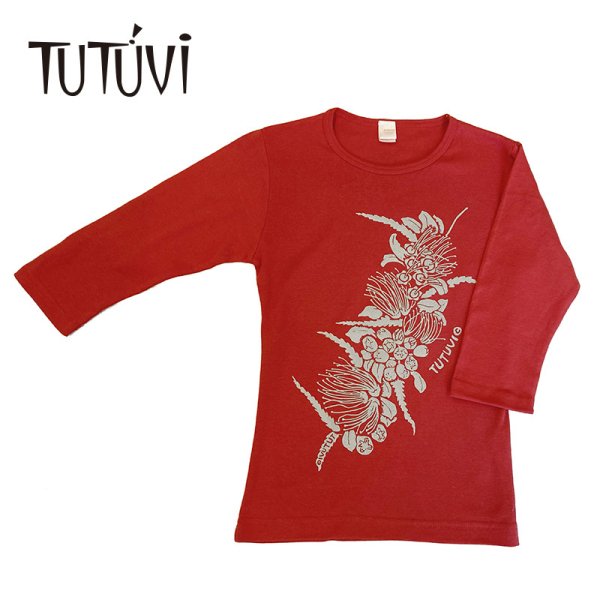 TUTUVI　七分袖Tシャツ　ワンサイズ上がおすすめ小さめレディースサイズ（柄：ハクレイ　色：レッド・シルバー）