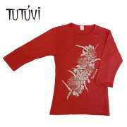 フラダンス用品 色で選びたい TUTUVI　七分袖Tシャツ　ワンサイズ上がおすすめ小さめレディースサイズ（柄：ハクレイ　色：レッド・シルバー）