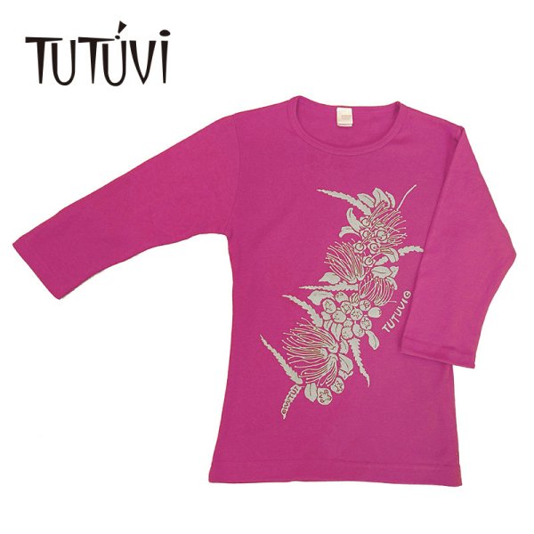TUTUVI　七分袖Tシャツ　ワンサイズ上がおすすめ小さめレディースサイズ（柄：ハクレイ　色：ピンク・シルバー）