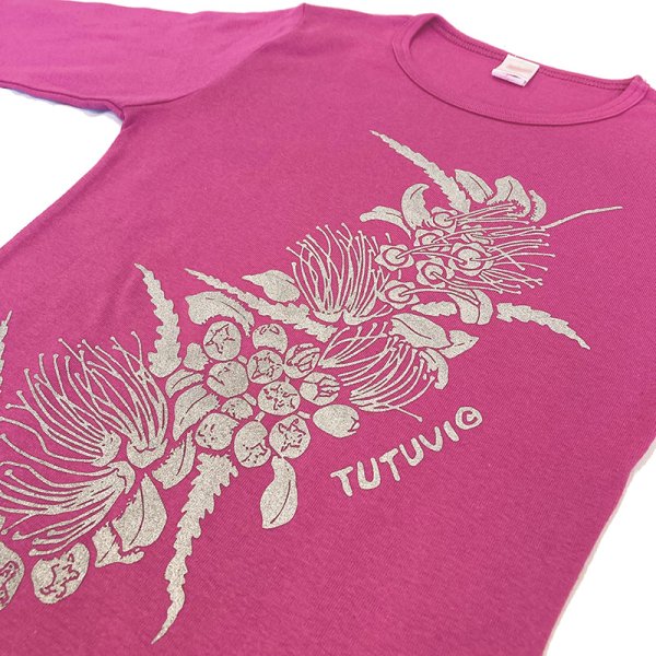 TUTUVI　七分袖Tシャツ　ワンサイズ上がおすすめ小さめレディースサイズ（柄：ハクレイ　色：ピンク・シルバー）【画像4】