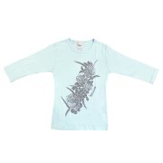 ハク TUTUVI　七分袖Tシャツ　ワンサイズ上がおすすめ小さめレディースサイズ（柄：ハクレイ　色：シャーベットブルー・シルバー）