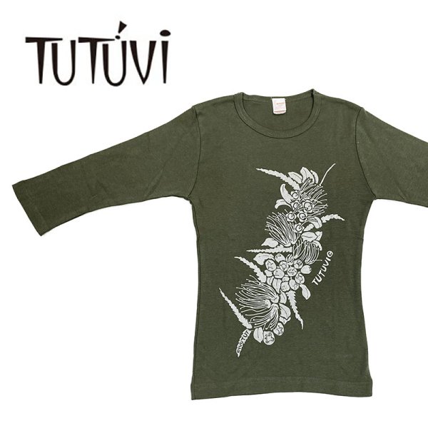 TUTUVI 七分袖Tシャツ 柄：ハクレイ 色：カーキ・シルバー-Torch Ginger