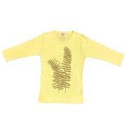イエロー TUTUVI　七分袖Tシャツ　ワンサイズ上がおすすめ小さめレディースサイズ（柄：ファーン　色：シャーベットイエロー・ベージュ）