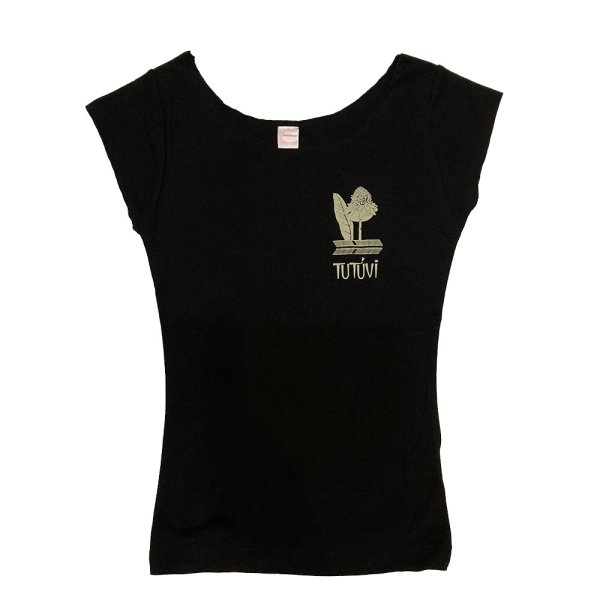 TUTUVI　Tシャツ　ワンサイズ上がおすすめ小さめレディースサイズ（柄：トーチジンジャーワンポイント　色：ブラック） -  トーチジンジャー-Torch Ginger