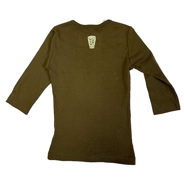 TUTUVI　七分袖Tシャツ　ワンサイズ上がおすすめ小さめレディースサイズ （柄：トーチジンジャーワンポイント　色：ブラウン・カーキ） -  トーチジンジャー-Torch Ginger