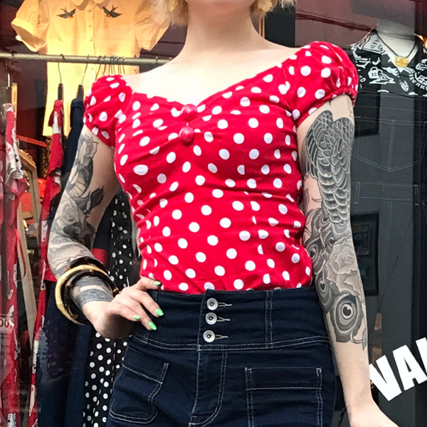 【Collectif】Dolores Top Polka Red/White ピンナップトップス ポルカドット赤