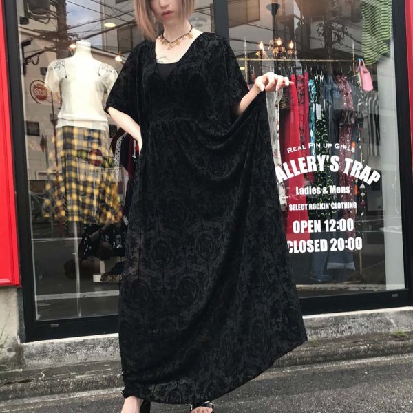 【Unique Vintage】Black La Catrina Burnout Burton Caftan Dress   フロッキーカフタンドレス