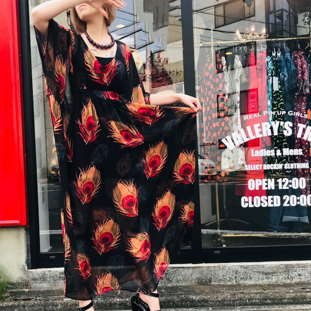 【Unique Vintage】Black & Red Peacock Feather Burton Caftan Dress カフタンドレス -  Vallery's Trap Online Shop REAL PIN UP GIRLS & ROCKIN' GROUPIES!!