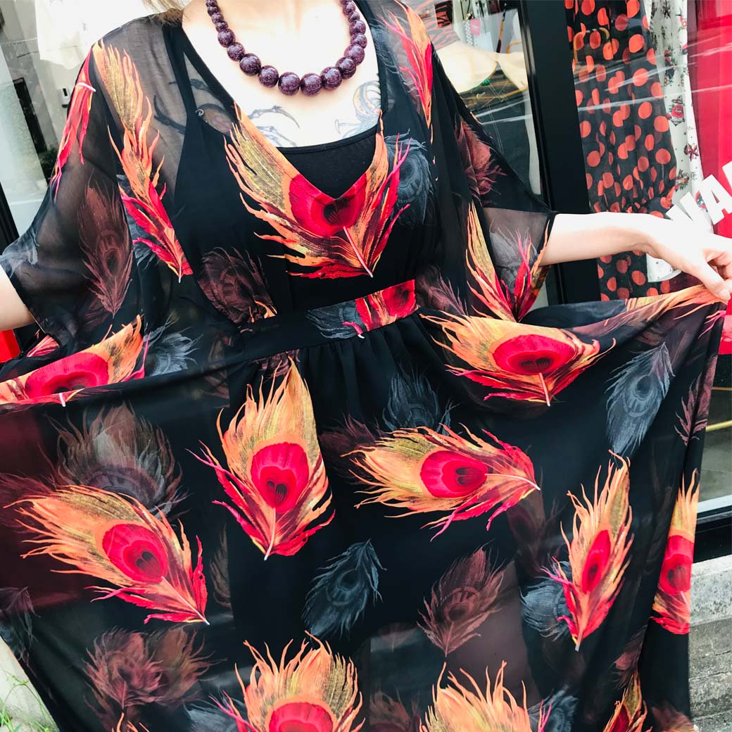 【Unique Vintage】Black & Red Peacock Feather Burton Caftan Dress カフタンドレス -  Vallery's Trap Online Shop REAL PIN UP GIRLS & ROCKIN' GROUPIES!!