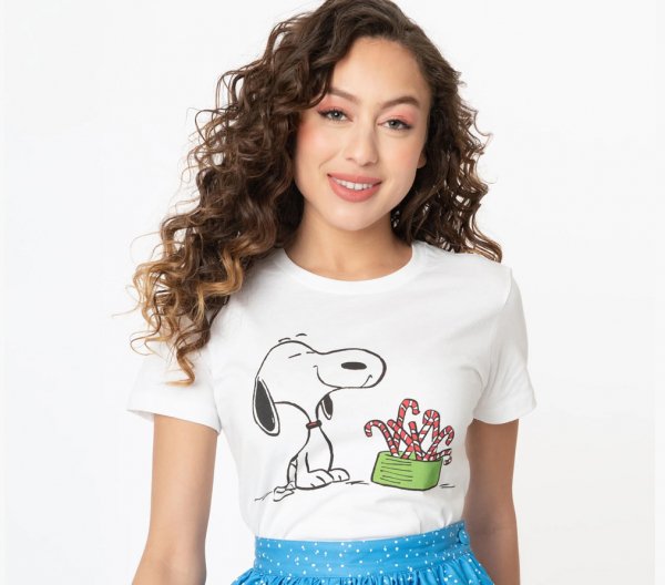 【Peanuts × Unique Vintage】 Snoopy Candy Canes Graphic Womens Tee ピーナッツ＆スヌーピーTシャツ Sサイズ