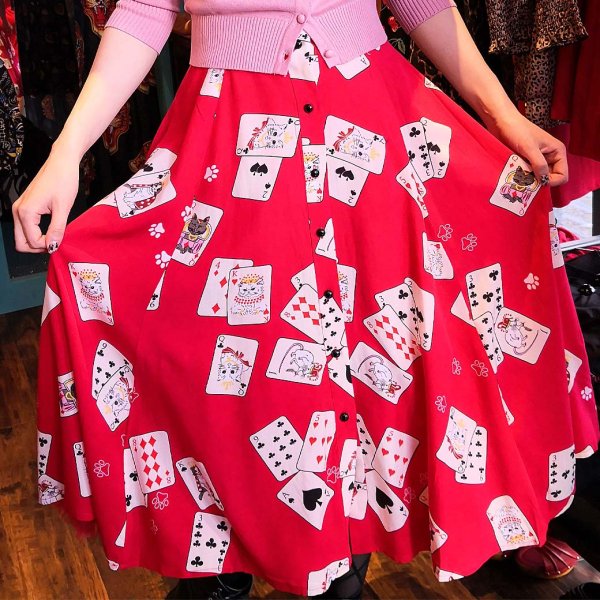 【Collectif】Cat Croupier Swing Skirt クイーンキャット トランプ柄サークルスカート UK8(9号サイズ程度)