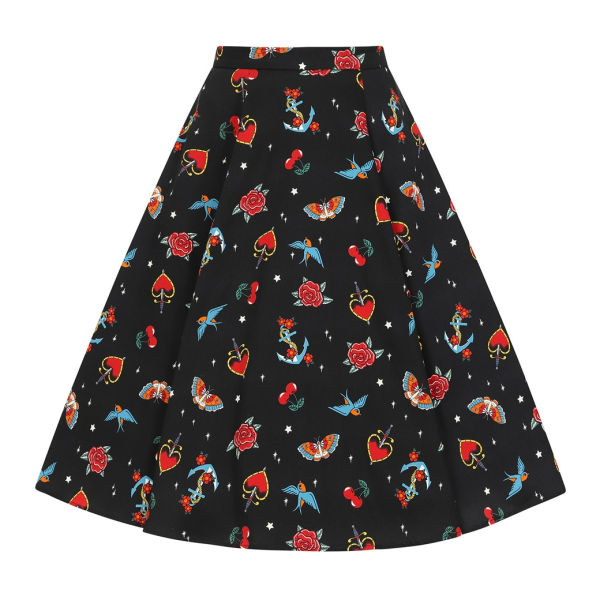 【Collectif】 Old School Swing Skirt オールドスクールタトゥー柄スウィングスカート