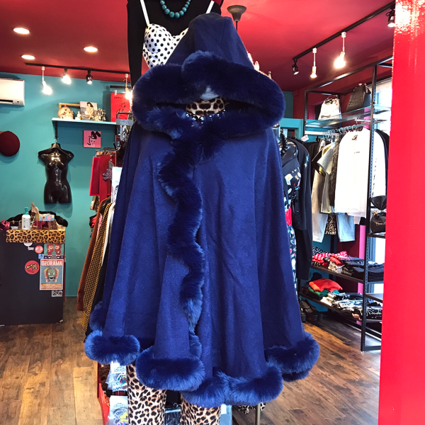 【VALLERY’S SELECT】  Faux Fur Trimmed Hooded Cape NAVY フード付きケープ
