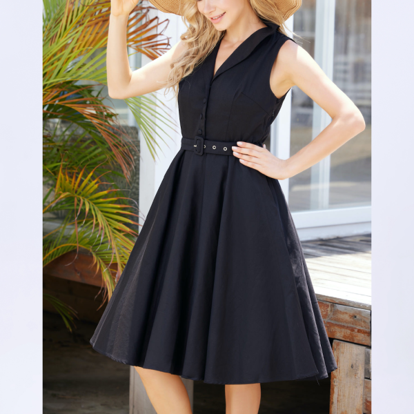 miss luloSolid Black Jani Dress (Linen Blend)