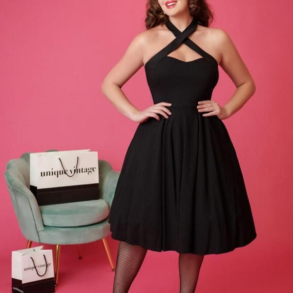 Unique Vintage  Black Criss Cross Halter Rita Flare Dress