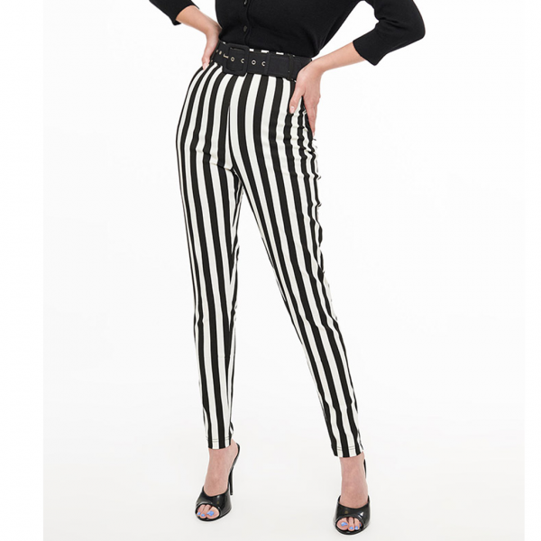 Unique Vintage High Waist Belted Cigarette Pants Black & White