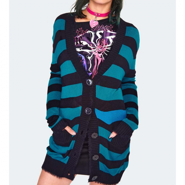 <img class='new_mark_img1' src='https://img.shop-pro.jp/img/new/icons1.gif' style='border:none;display:inline;margin:0px;padding:0px;width:auto;' />JAWBREAKERTeal Striped Oversized Cardigan UNISEX