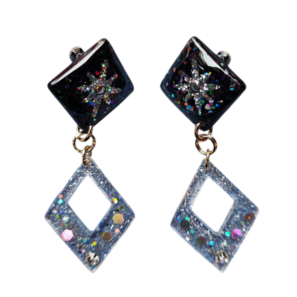 Dragon Comi by Candy50sSquare Diamond Glitter earrings -Black/Clear 