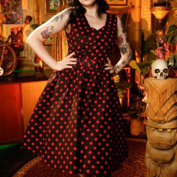 DOLLY and DOTTYMay V-neck 50s Polka Dot Dress in Black & Red