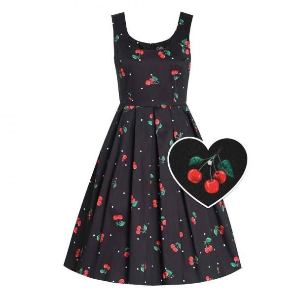 DOLLY and DOTTYAmanda Cotton Black Scoop Neck Polka Dots/Cherry Print Dress