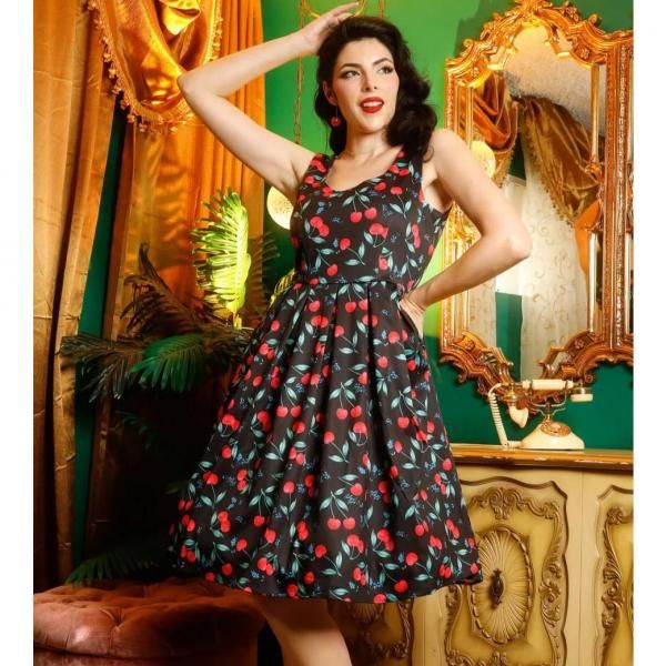 DOLLY and DOTTYAmanda Red Cherry Pleated Circle Dress In Black