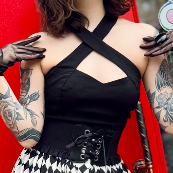 Unique Vintage Black Stretch Rita Criss Cross Halter Top