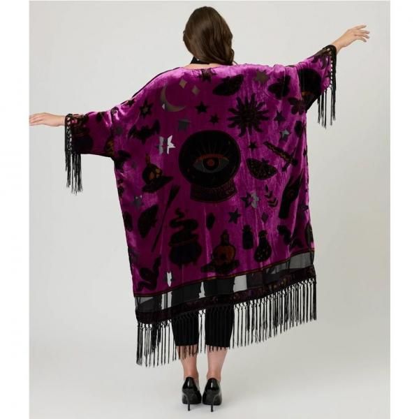 <img class='new_mark_img1' src='https://img.shop-pro.jp/img/new/icons1.gif' style='border:none;display:inline;margin:0px;padding:0px;width:auto;' />Unique Vintage 1920s Purple Velvet Burnout Mystical Icons Fringe Kimono