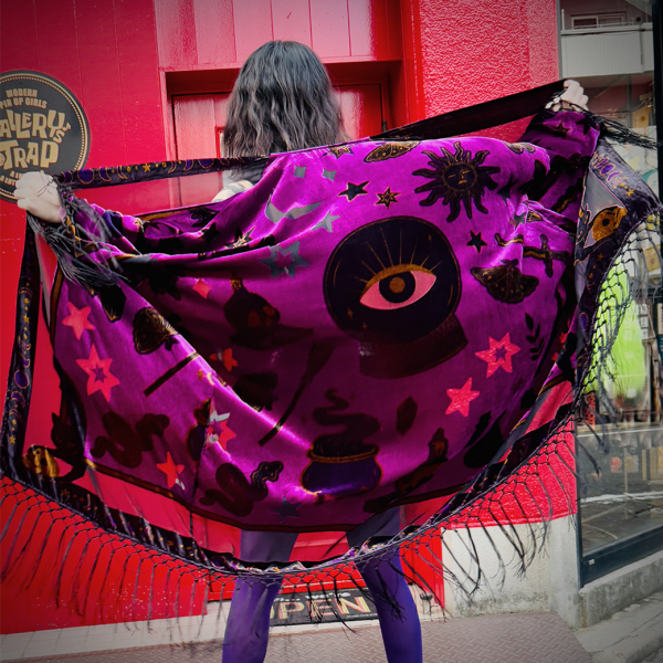 Unique Vintage 1920s Purple Velvet Burnout Mystical Icons Fringe Kimono