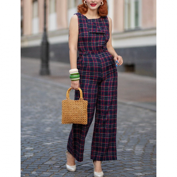 DOLLY and DOTTYSylvia Blue Tartan Jumpsuit 