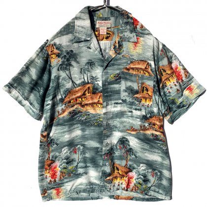  Ρߥ른ɡMichael Gerald Hand Screenedۥơ ϥġ1960s-Vintage Silky Rayon Hawaiian Shirt