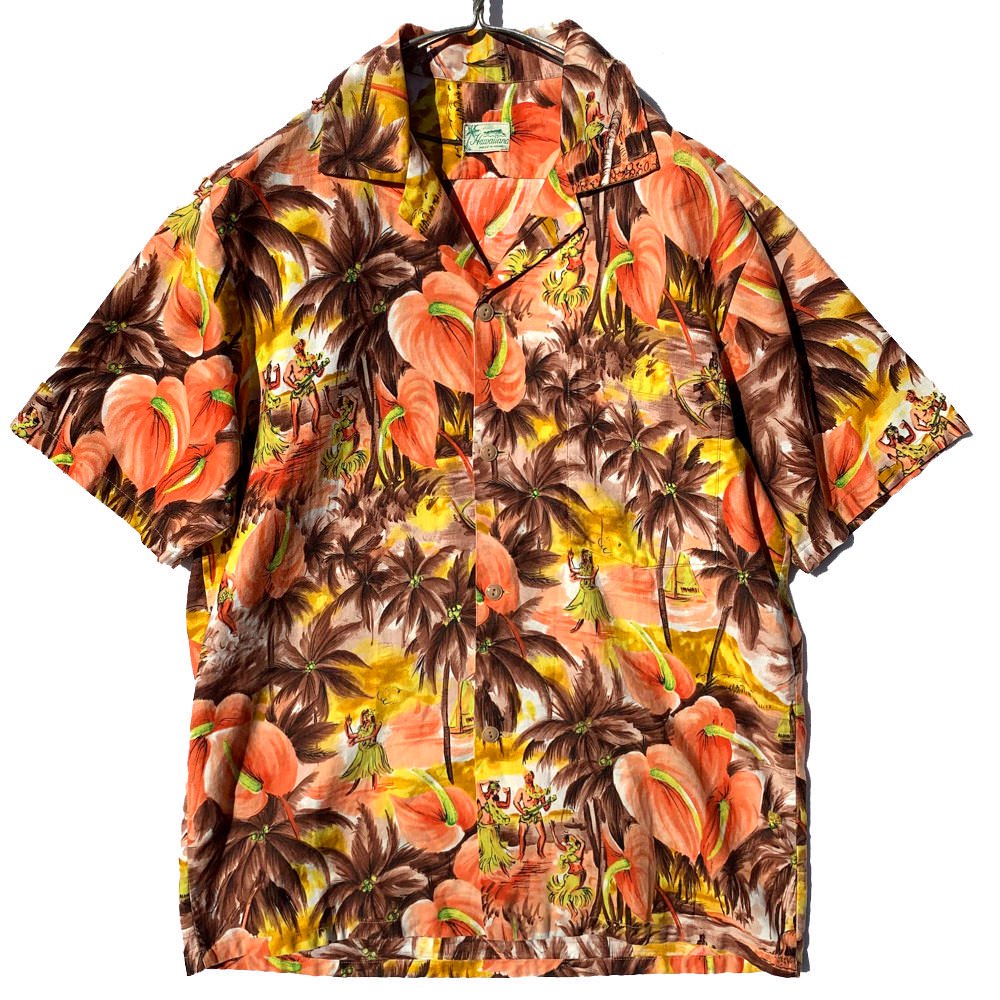 ヴィンテージ アロハシャツ【Late 1960's-】【Hawaiiana】Vintage Cotton Satin Hawaiian Shirt