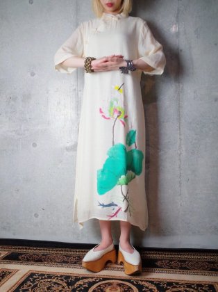 古着 通販　ヴィンテージ ペイントアート シルク チャイナドレス Beautiful Silk Paint Art China Dress