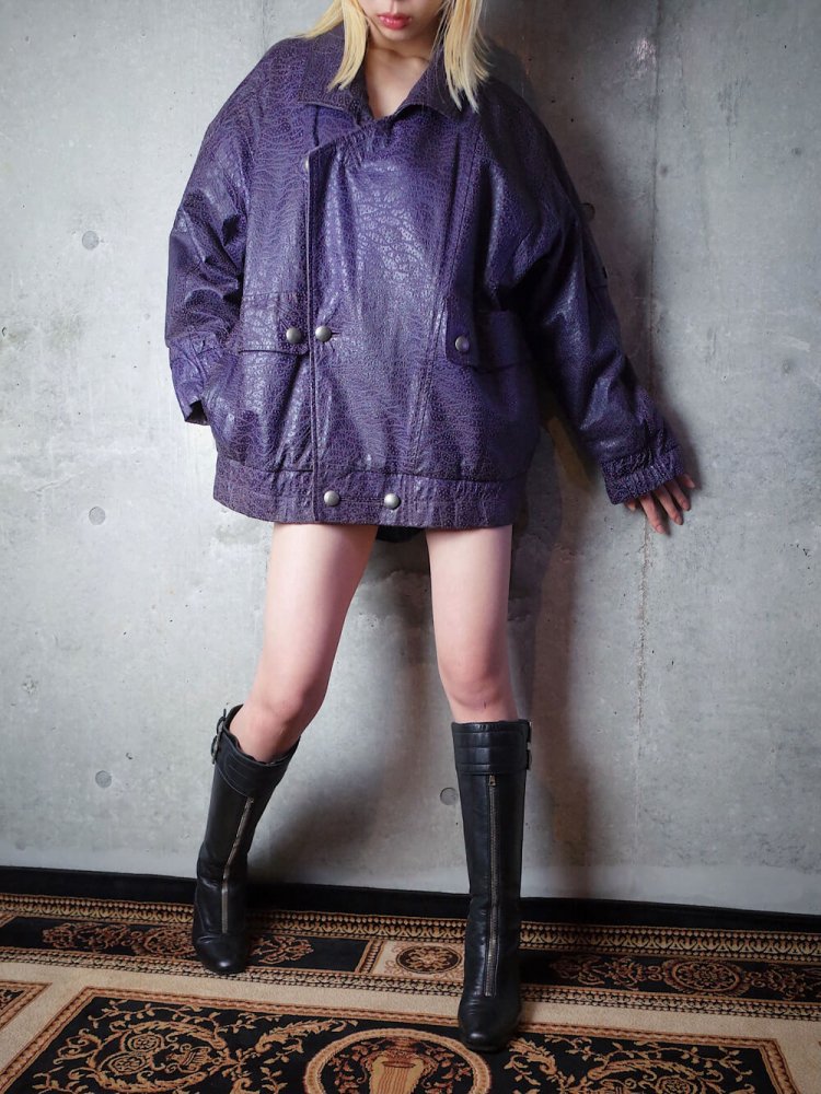 ヴィンテージ パープル 細胞柄レザージャケット Cell Pattern Purple Leather Double Jacket
