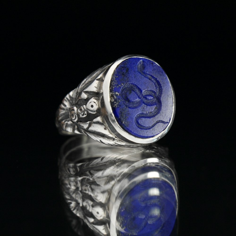 アンティーク シール シグネット リング【Late 1800's~Early 1900's-】835 SILVER × Lapis Lazuli ×  Snake Intaglio Top
