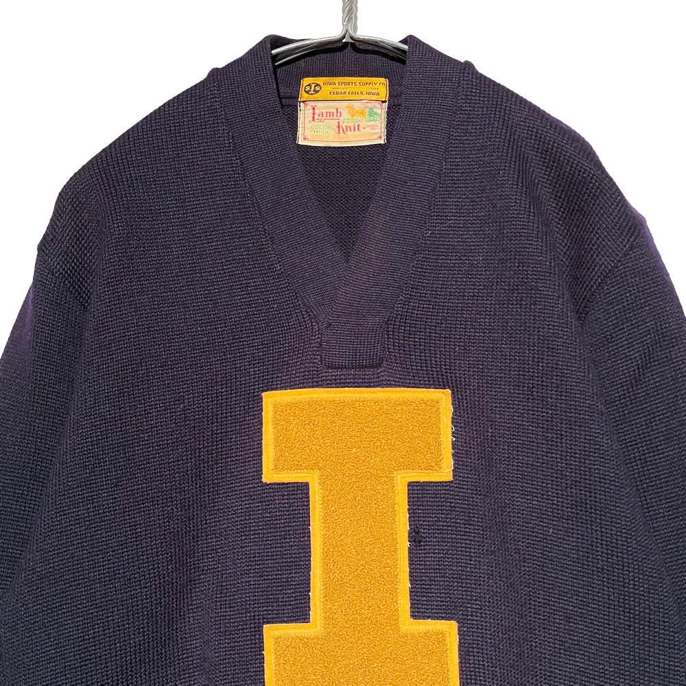 Lamb Knit Co】ヴィンテージ レタードVネックニット 茄子紺
