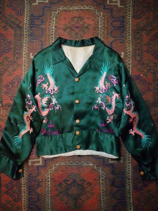 古着 通販　シャンハイ チャイナ スーベニアシャツ c.1940~50s SHANGHAI CHINA Deep Green Souvenir Shirt  / スカシャツ 龍 チャイナ