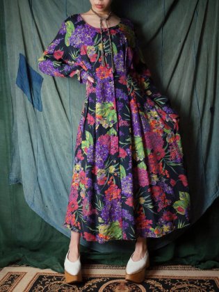 古着 通販　ヴィンテージ 花柄 アート レーヨン 前開き ワンピース Flower Rayon Art Front Open Dress