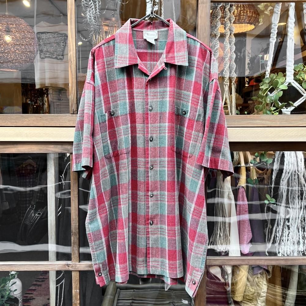 ヴィンテージ S/S ループカラー シルク シャツ【Visitor】【1980's-】RD×GRE Plaid