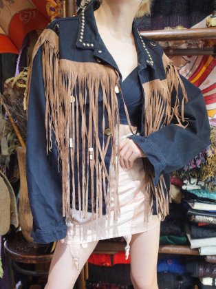  ΡStuds & Fringe Custom Black Denim Jacket