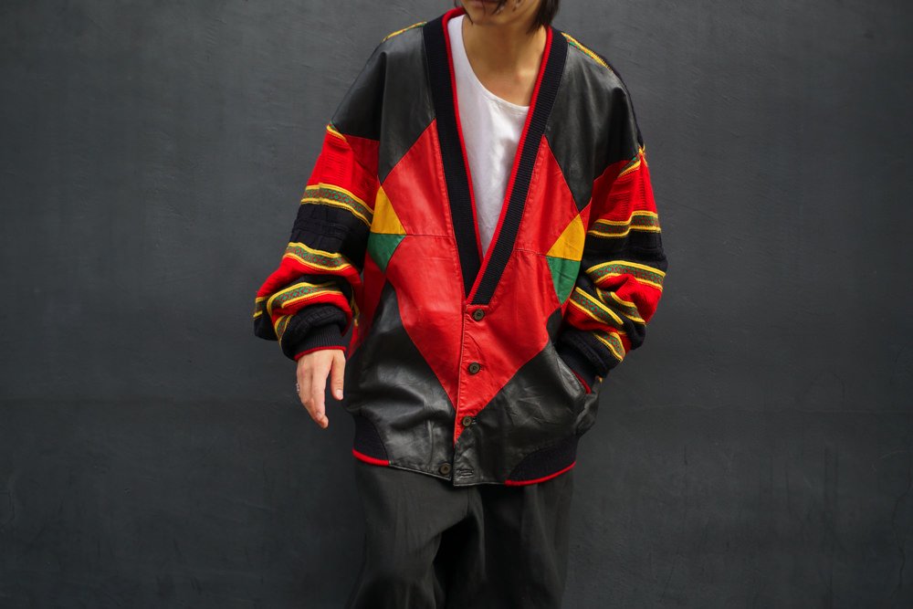 【VILANTO Authentic Leather Wear】ヴィンテージ レザー&ニット ノーカラージャケット【1980's-】Vintage  Leather & Knit Jacket