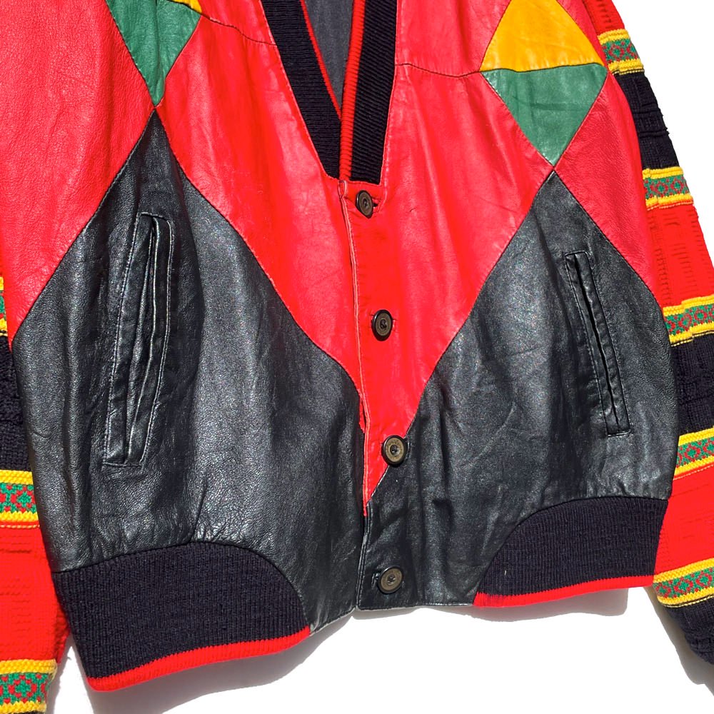 【VILANTO Authentic Leather Wear】ヴィンテージ レザー&ニット ノーカラージャケット【1980's-】Vintage  Leather & Knit Jacket