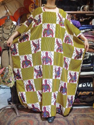 古着 通販　African Bird Pattern Square Neck Kaftan Dress